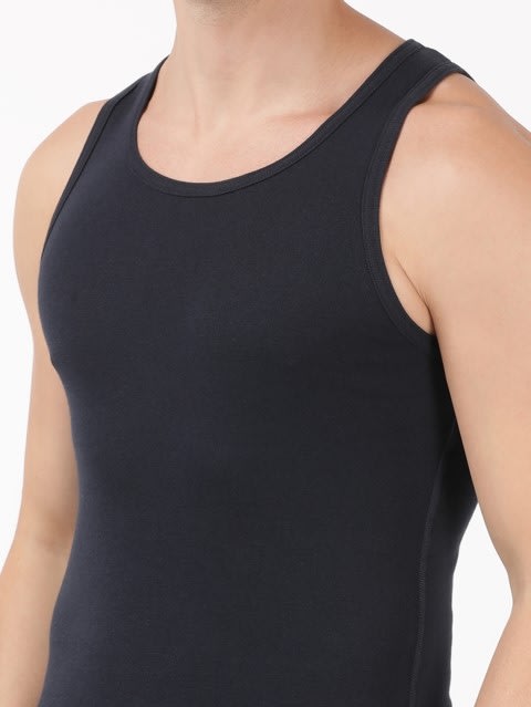 Men's Super Combed Cotton Rib Round Neck Sleeveless Vest with Extended Length for Easy Tuck - Deep Navy
