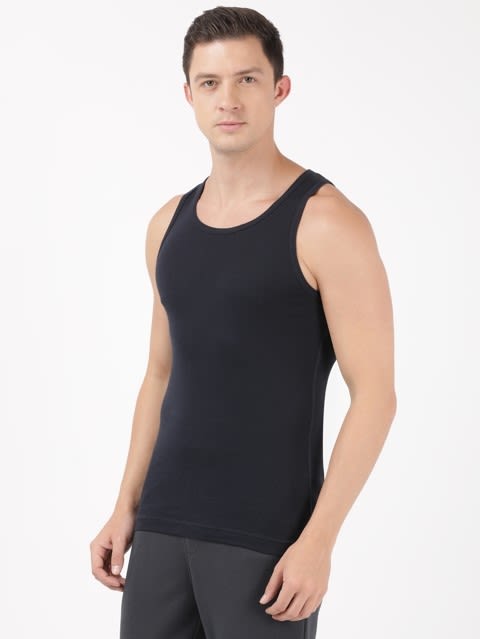 Men's Super Combed Cotton Rib Round Neck Sleeveless Vest with Extended Length for Easy Tuck - Deep Navy