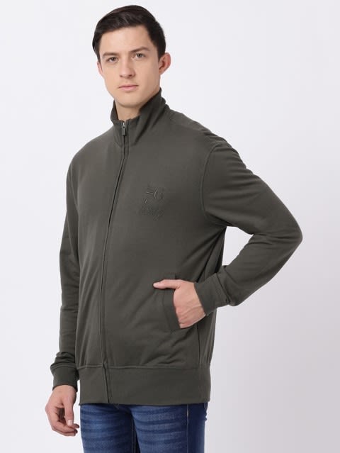 Men's Super Combed Cotton French Terry Jacket with Ribbed Cuffs and Convenient Side Pockets - Deep Olive