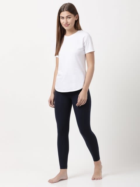 Women's Super Combed Cotton Elastane Stretch Yoga Pants with Side Zipper Pockets - Navy Blazer