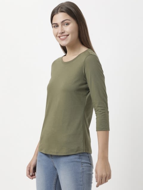 Women's Super Combed Cotton Rich Relaxed Fit Solid Round Neck Three Quarter Sleeve T-Shirt - Burnt Olive