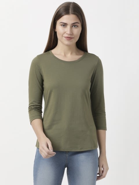 Women's Super Combed Cotton Rich Relaxed Fit Solid Round Neck Three Quarter Sleeve T-Shirt - Burnt Olive