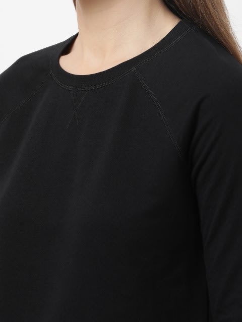 Women's Super Combed Cotton Rich French Terry Fabric Solid Sweatshirt with Raglan Sleeve Styling - Black