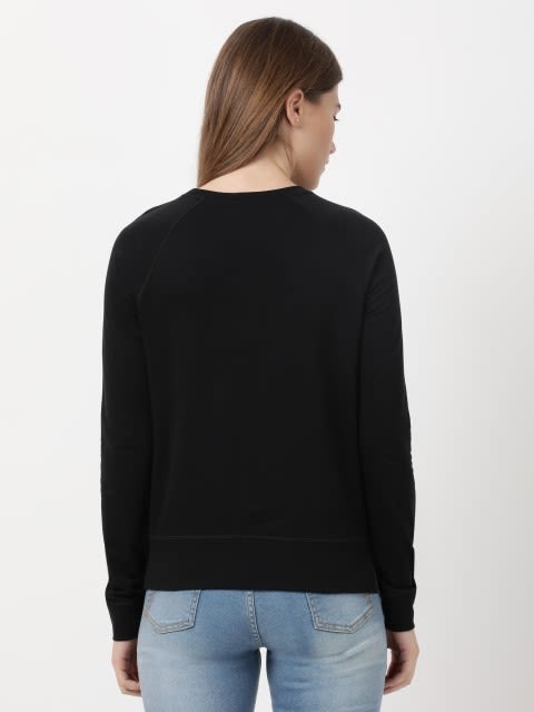 Women's Super Combed Cotton Rich French Terry Fabric Solid Sweatshirt with Raglan Sleeve Styling - Black