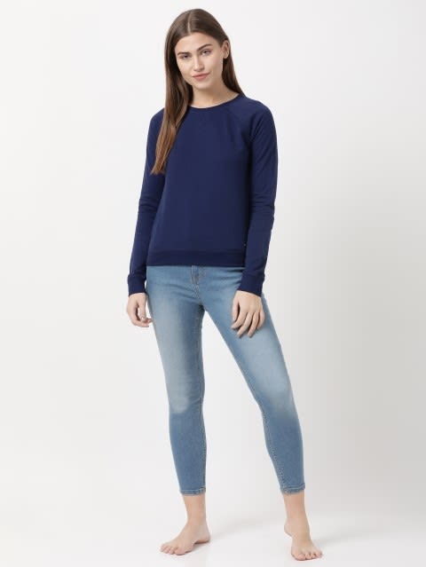 Women's Super Combed Cotton Rich French Terry Fabric Solid Sweatshirt with Raglan Sleeve Styling - Imperial Blue