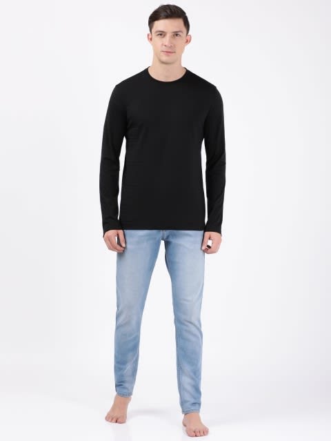 Men's Super Combed Supima Cotton Solid Round Neck Full Sleeve T-Shirt - Black