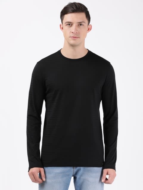 Men's Super Combed Supima Cotton Solid Round Neck Full Sleeve T-Shirt - Black