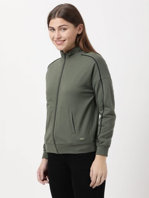 Women's Super Combed Cotton French Terry Drop Shoulder Styled Jacket with Ribbed Cuff and Hem - Beetle