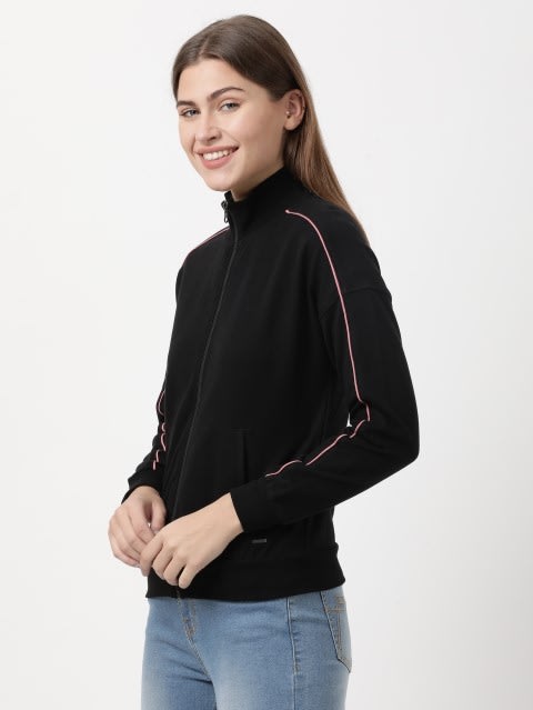 Women's Super Combed Cotton French Terry Drop Shoulder Styled Jacket with Ribbed Cuff and Hem - Black
