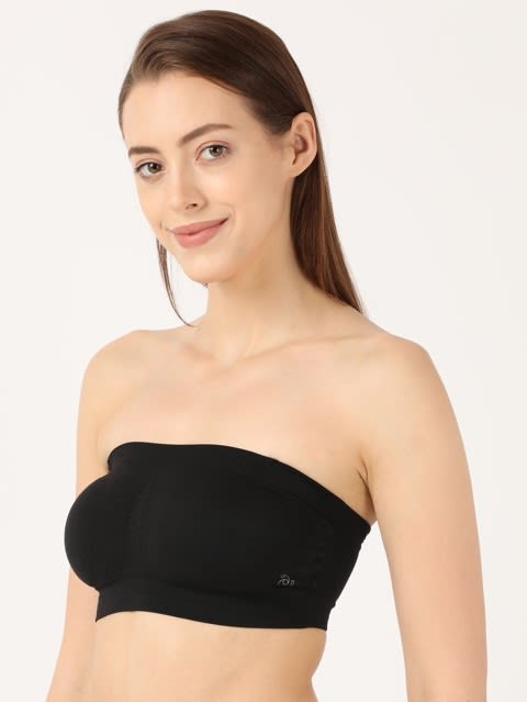 Women's Wirefree Padded Micro Touch Nylon Elastane Stretch Full Coverage Bandeau Bra with Removeable Pads and Detachable Transparent Straps - Black