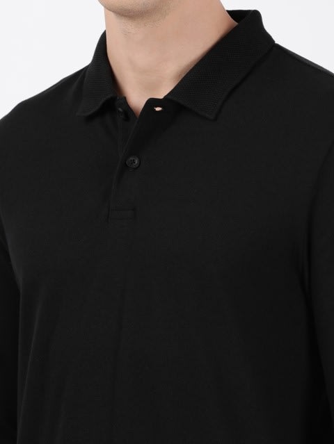 Men's Super Combed Cotton Rich Solid Full Sleeve Polo T-Shirt with Ribbed Cuffs - Black