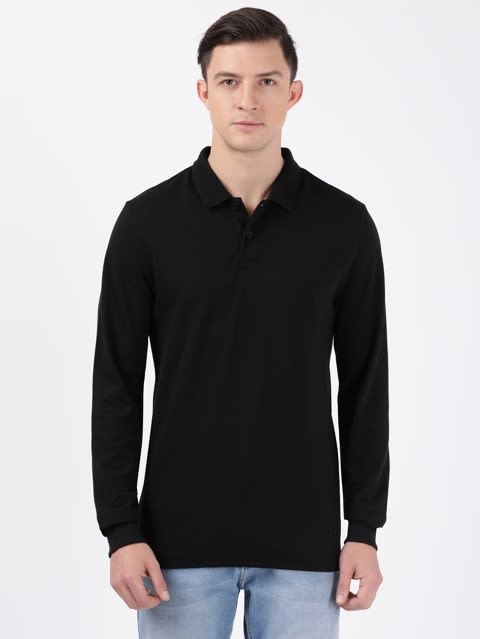 Men's Super Combed Cotton Rich Solid Full Sleeve Polo T-Shirt with Ribbed Cuffs - Black