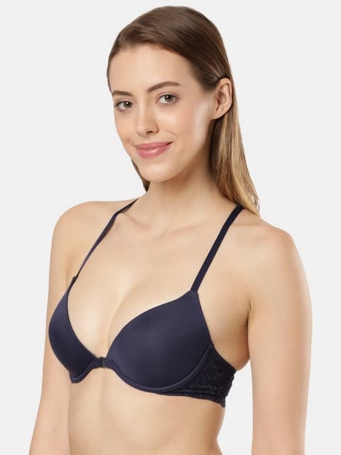 Women's Under-Wired Padded Soft Touch Microfiber Nylon Elastane Stretch Full Coverage Lace Back Styling T-Shirt Bra with Adjustable Straps - Classic Navy