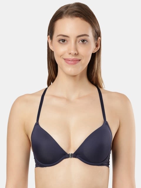Women's Under-Wired Padded Soft Touch Microfiber Nylon Elastane Stretch Full Coverage Lace Back Styling T-Shirt Bra with Adjustable Straps - Classic Navy
