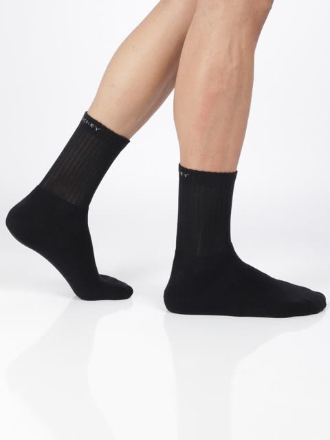 Men's Compact Cotton Terry Crew Length Socks With Stay Fresh Treatment - Black/Midgrey Melange/Navy(Pack of 3)