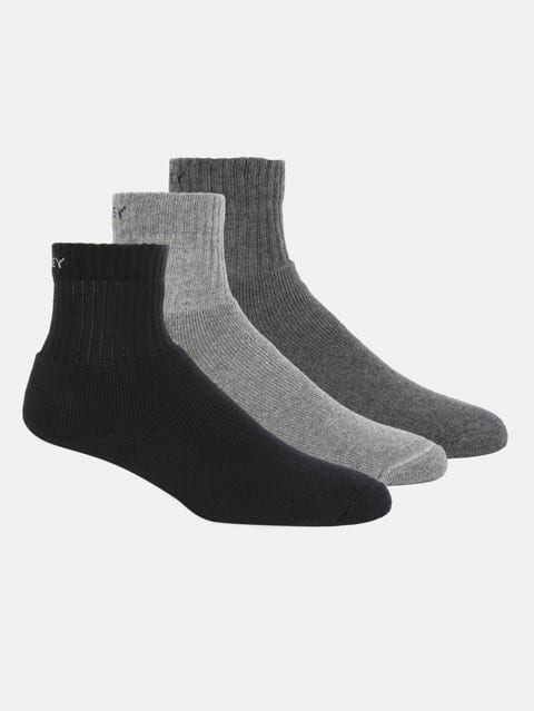 Men's Compact Cotton Terry Ankle Length Socks With Stay Fresh Treatment - Black/Midgrey Melange/Charcoal Melange(Pack of 3)