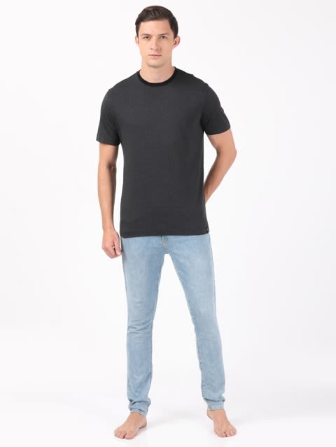 Men's Micro Modal And Combed Cotton Blend Thin Striped Round Neck Half Sleeve T-Shirt - Black & Graphite