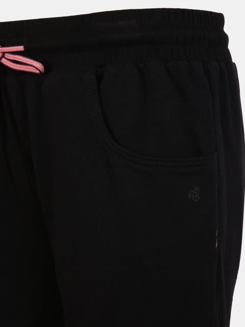 Girl's Super Combed Cotton French Terry Regular Fit Solid Shorts with Contrast Drawcord and Side Pockets - Black