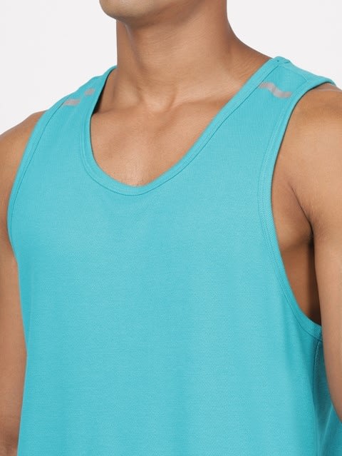 Men's Super Combed Cotton Rich Solid Low Neck Tank Top With Breathable Mesh and Stay Fresh Treatment - Caribbean Turquoise