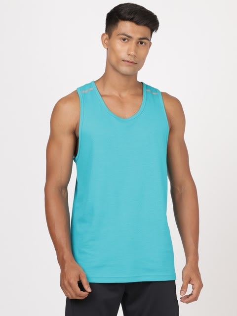 Men's Super Combed Cotton Rich Solid Low Neck Tank Top With Breathable Mesh and Stay Fresh Treatment - Caribbean Turquoise