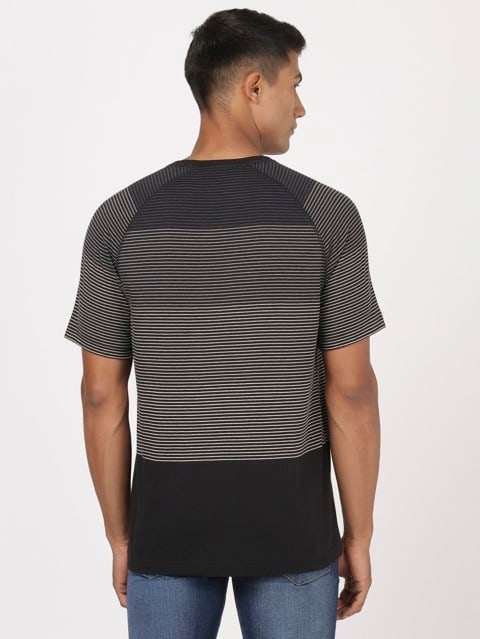 Men's Super Combed Cotton Rich Striped Round Neck Half Sleeve T-Shirt - Black