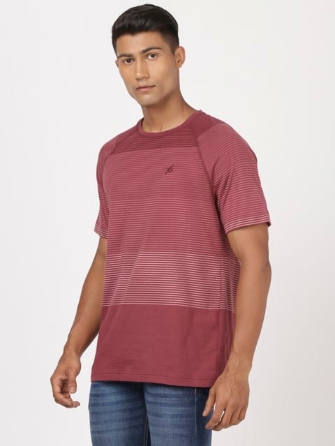 Men's Super Combed Cotton Rich Striped Round Neck Half Sleeve T-Shirt - Burgundy