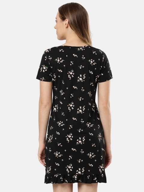 Women's Micro Modal Cotton Ruffled Hem Styled Half Sleeve Printed Sleep Dress - Black