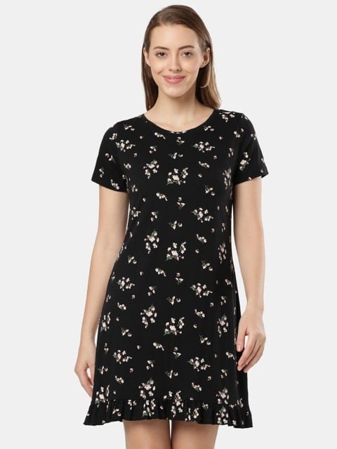 Women's Micro Modal Cotton Ruffled Hem Styled Half Sleeve Printed Sleep Dress - Black