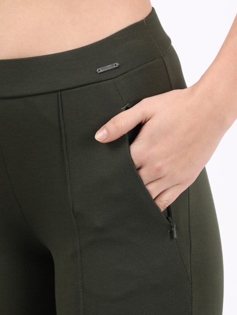 Women's Rayon Nylon Elastane Stretch Treggings with Side Zipper Pockets - Deep Depths