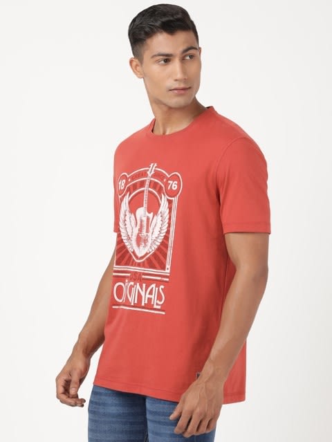 Men's Super Combed Cotton Rich Graphic Printed Round Neck Half Sleeve T-Shirt - Cinnabar