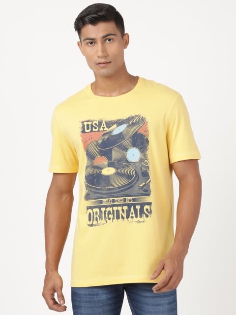 Men's Super Combed Cotton Rich Graphic Printed Round Neck Half Sleeve T-Shirt - Corn Silk