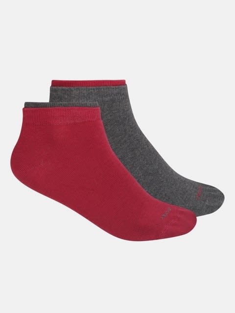 Women's Compact Cotton Stretch Solid Low Show Socks with Stay Fresh Treatment - Charcoal melange & Beet red(Pack of 2)