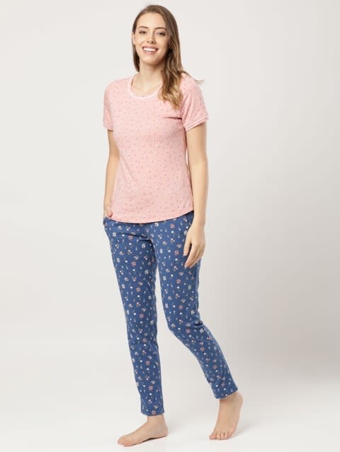 Women's Super Combed Cotton Relaxed Fit Printed Pyjama with Side Pockets - Blue Quartz