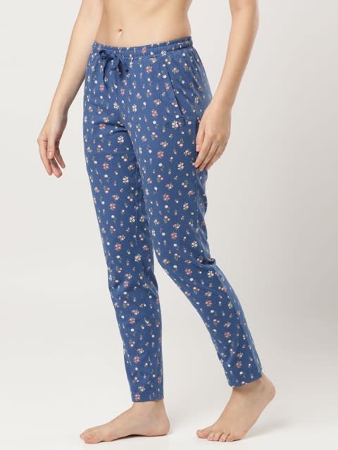 Women's Super Combed Cotton Relaxed Fit Printed Pyjama with Side Pockets - Blue Quartz