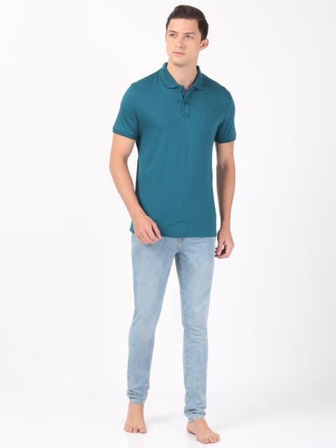Regular Fit Half Sleeve Micro Modal Blend Printed Polo T-Shirt for Men - Blue Coral