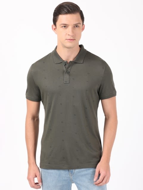 Men's Tencel Micro Modal And Cotton Blend Printed Half Sleeve Polo T-Shirt - Deep Olive