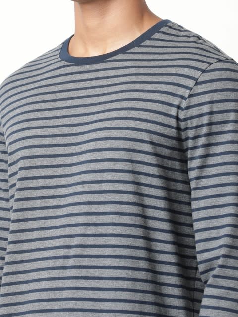 Men's Super Combed Cotton Rich Striped Round Neck Full Sleeve T-Shirt - Charcoal & Navy