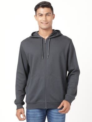 Graphite Super Combed Cotton Rich Pique Fabric Ribbed Cuff Hoodie Jacket