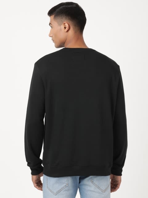 Men's Super Combed Cotton Rich French Terry Printed Sweatshirt with Ribbed Cuffs - Black