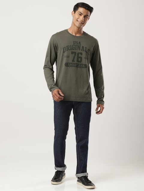 Men's Super Combed Cotton Rich Solid Round Neck Full Sleeve T-Shirt - Deep Olive