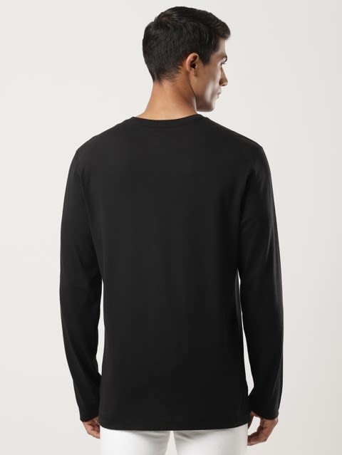 Men's Super Combed Cotton Rich Solid Full Sleeve Henley T-Shirt - Black