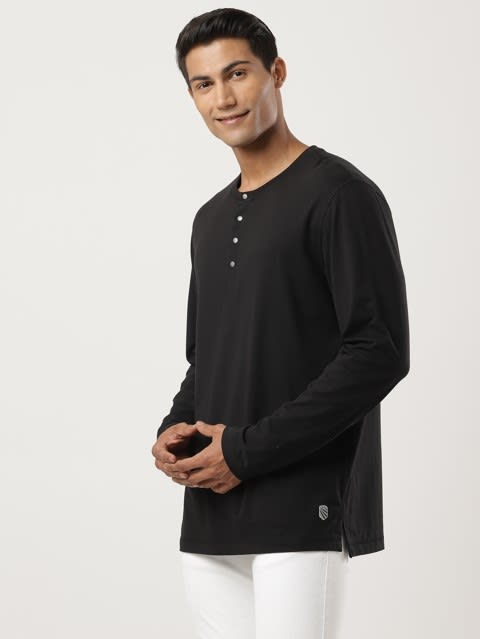 Men's Super Combed Cotton Rich Solid Full Sleeve Henley T-Shirt - Black