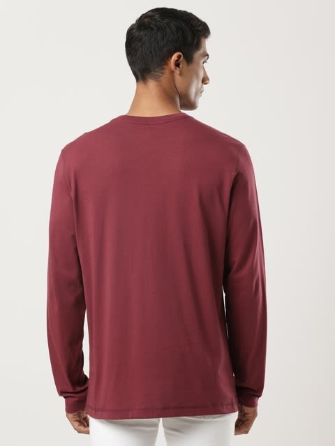 Men's Super Combed Cotton Rich Solid Full Sleeve Henley T-Shirt - Burgundy