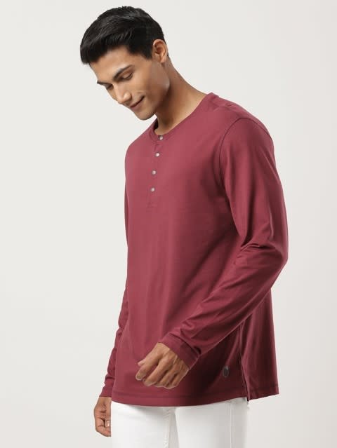 Men's Super Combed Cotton Rich Solid Full Sleeve Henley T-Shirt - Burgundy