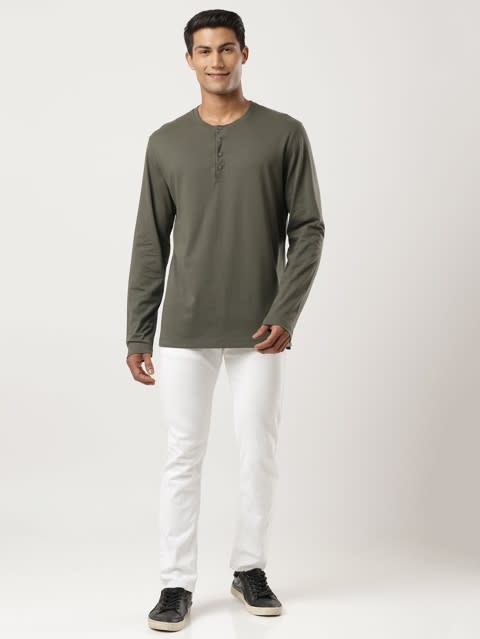 Men's Super Combed Cotton Rich Solid Full Sleeve Henley T-Shirt - Deep Olive