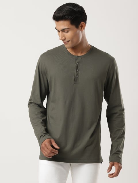 Men's Super Combed Cotton Rich Solid Full Sleeve Henley T-Shirt - Deep Olive