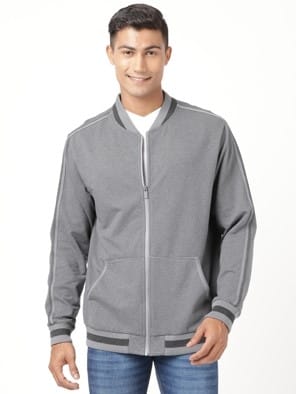 Performance Grey and Charcoal Melange Super Combed Cotton Rich Fleece Fabric Jacket