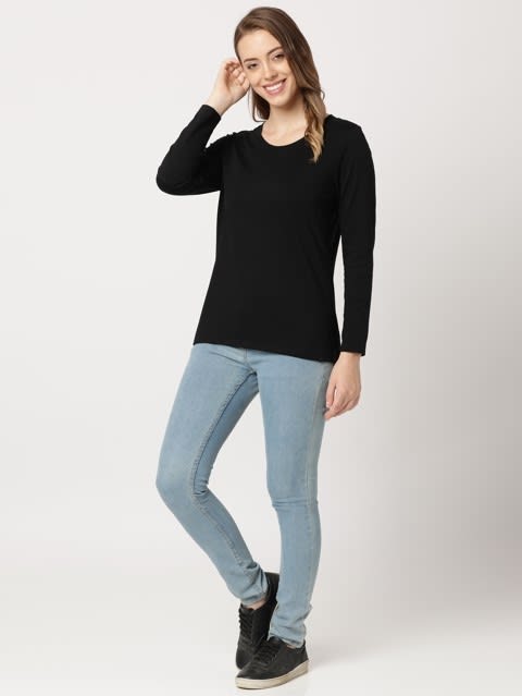 Women's Super Combed Cotton Rich Relaxed Fit Solid Round Neck Full Sleeve T-Shirt - Black