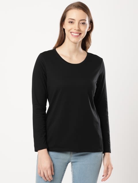 Women's Super Combed Cotton Rich Relaxed Fit Solid Round Neck Full Sleeve T-Shirt - Black