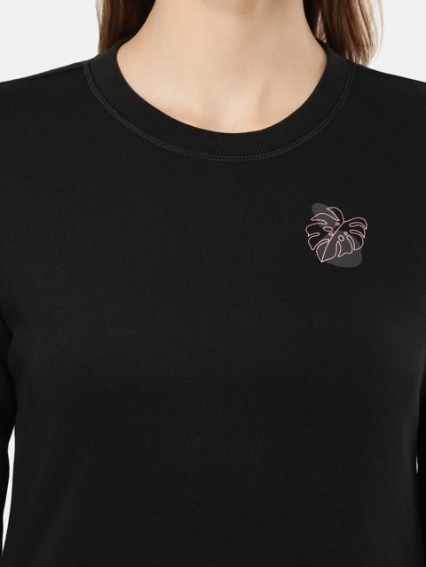Women's Super Combed Cotton Rich Fleece Fabric Printed Sweatshirt with Drop Shoulder Styling - Black